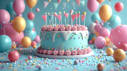 Poster - Background with front view of a happy birthday party elements, 3d rendering. Generative AI.