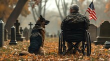 Rear View, American War Veteran In A Wheelchair With Small Us Flag And With Dog German Shepherd In A Cemetery At Day Of Remembrance. Generative AI.