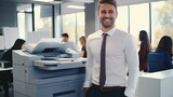 Fototapeta  - Smiling man working in office with printer. Office worker prints paper on multifunction laser printer. Secretary work. Copy, print, scan, and fax machine