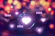 2024 valentine day Love and Hope Concept Through Crystal Ball : A crystal ball projects a heart symbol and the year 2024, against a backdrop of colorful bokeh lights, evoking feelings of love 