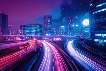 A city with light trails at night