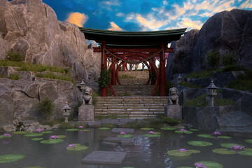 Poster - Covered stone staircase leading down to an ornamental Asian pond and graden. 3D rendering.