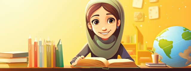 Wall Mural - Smiling Muslim Arabic girl sitting at school desk in modern classroom. Back to school. Student with hijab. Islamic banner 