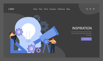 Poster - Inspiration visualization web or landing. Creatives harness bright ideas using visionary tools, setting the stage for Design Thinking's explorative phase. Flat vector illustration