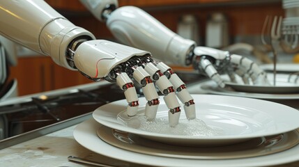Aufkleber - Robot hands washing the dishes. Generative AI.