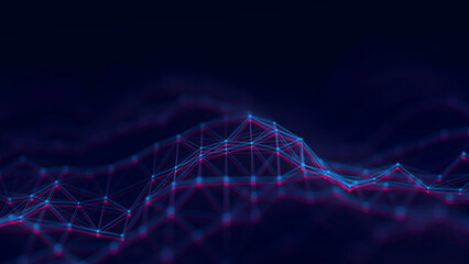 Poster - Abstract technology glitch wave with dots and lines. Flow of particles. Big data transfer visualization. 3d rendering.
