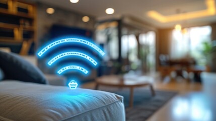 Poster - A wifi extender, Blue wifi symbol, Connected smart home. Generative AI.
