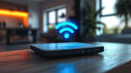 Poster - A wifi extender, Blue wifi symbol, Connected smart home. Generative AI.