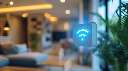 Fototapete - A wifi extender, Blue wifi symbol, Connected smart home. Generative AI.