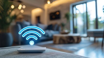 Poster - A wifi extender, Blue wifi symbol, Connected smart home. Generative AI.