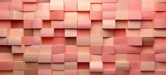 Poster - Abstract geometric peach fuzz colors, apricot colored 3d wooden square cubes texture wall background banner panorama long, textured wood wallpaper.