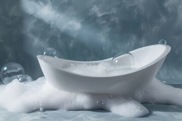 Small bathtub with foam and soap bubbles on grey background