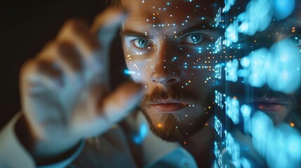 Poster - Corporate man examining data on futuristic hologram, using a finger, front view, With numbers written on the display. Generative AI.