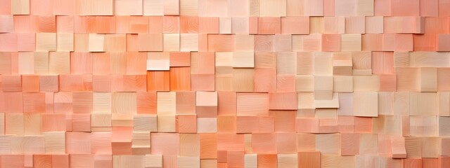 Poster - Abstract geometric peach fuzz colors, apricot colored 3d wooden square cubes texture wall background banner panorama long, textured wood wallpaper.