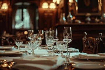 Dining table decorated for an evening dinner party, dinner concept for two glasses, luxury elegant table setting dinner in a restaurant