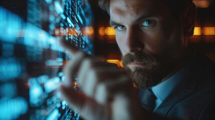 Poster - Corporate man examining data on futuristic hologram, using a finger, front view, With numbers written on the display. Generative AI.