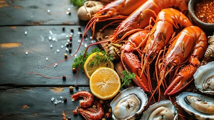 Wall Mural - Top view of fresh seafood on table. Generative AI.