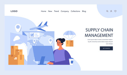 Poster - Supply Chain Management concept. An expert orchestrates global logistics with the aid of technology, ensuring efficient transportation and delivery. Flat vector illustration