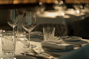 Dining table decorated for an evening dinner party, dinner concept for two glasses, luxury elegant table setting dinner in a restaurant