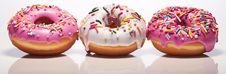 Wall Mural - three different colorful sprinkled donuts doughnuts with holes on a white background