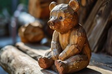 A Wooden Bear Figurine Sits On A Wooden Bench.