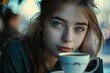 girl with mesmerizing eyes, sipping coffee at a bustling cafe while absorbed in thought