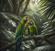 Pair of birds, green parrot Military Macaw, Ara militaris, Costa Rica. two scarlet macaws on a branch. Two colourful lori parrots on the perch generative Ai