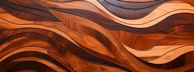 Poster - Abstract brown wooden glazed glossy deco glamour mosaic tile wall texture with geometric shapes - Wood waves background
