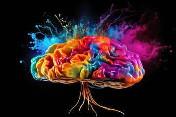 Sticker - Colorful Brain Axon with Neural pathways shape cognitive abilities in brain anatomy. Brain health relies on neurobiology. Brain disorder and cognitive function in smoke light brain skull illustration.