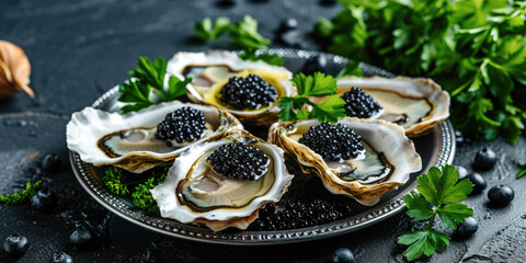 Fresh Oysters Garnished with Black Caviar on a Vintage Plate