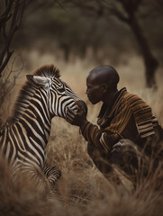 Wall Mural - A Photo of a Man Playing with a Zebra in Nature