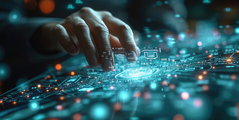 Leinwandbilder - Showcase a businessman's hand interacting with a holographic interface filled with digital business elements. Generative AI.
