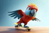 Animated parrot on a skateboard posing indoors with a confident look.