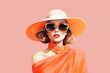 Elegant lady in wide brimmed hat with red lips makeup on orange background. Young and beautiful woman is ready for vacation or party. Retro fashion concept. Banner with copy space. Peach fuzz color