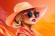 Elegant lady in wide brimmed hat with red lips makeup on orange background. Young and beautiful woman is ready for vacation or party. Retro fashion concept. Banner with copy space. Peach fuzz color