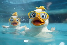 Two Animated Ducklings Enjoying A Swim, One With Bright Yellow Goggles.