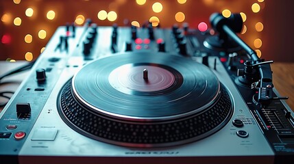 Fototapete - Close up dj turntable party background. Generative AI.