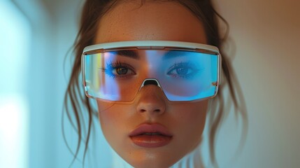 Leinwandbilder - A woman wearing modern and high-tech sunglasses for augmented reality. Generative AI.