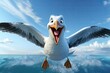 Cheerful seagull with outstretched wings standing in shallow ocean water under a bright sky.