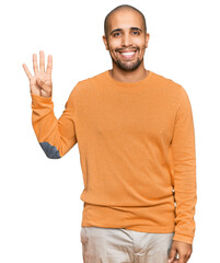 Sticker - Hispanic adult man wearing casual winter sweater showing and pointing up with fingers number four while smiling confident and happy.