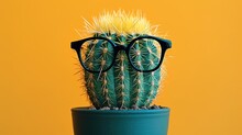Beautiful Big Green Cactus With Glasses On Yellow Background. Generative AI.