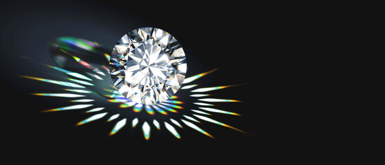 Poster - Shiny facet diamond placed on Black background with caustic light 3d rendering 