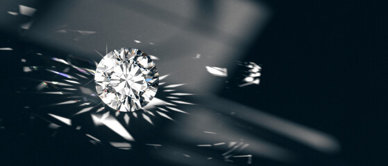 Poster - Shiny facet diamond placed on Black background with caustic light 3d rendering 