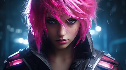 Wall Mural - futuristic cyberpunk woman ninja with pink hair ai generated image