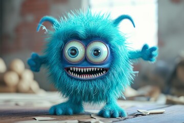 Wall Mural - Cute blue furry monster 3D cartoon character
