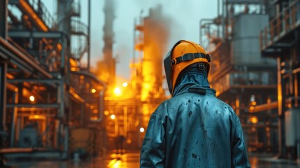 Poster - Welder in a protective suit against the background of a metallurgical plant, Portrait, Copy space. Generative AI.