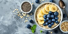 Healthy Breakfast, Oatmeal With Bananas And Blueberries,background.