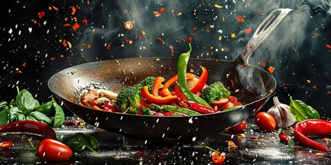 Wall Mural - The process of cooking a dish in a frying pan, vegetable mix, spicy 