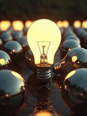 Poster - The lightbulb is shining at the top of several light bulbs. Generative AI.