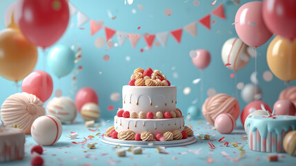Poster - Background with front view of a happy birthday party elements, 3d rendering. Generative AI.